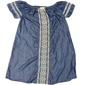 Style Co Denim Dress White Floral Embroidery Women M‎ Boho Loose Flowy Peasant